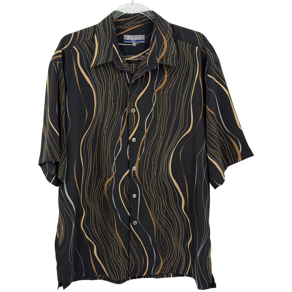 Bassiri Shirt Men Large Black Gold Wavy Button Up Artsy Casual Microfiber Retro